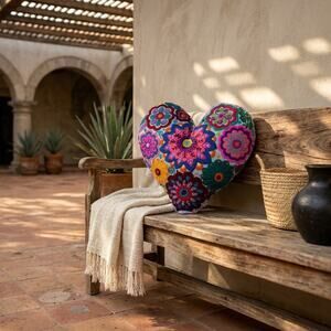 Mexican embroidered heart shape decorative pillow 15X14IN